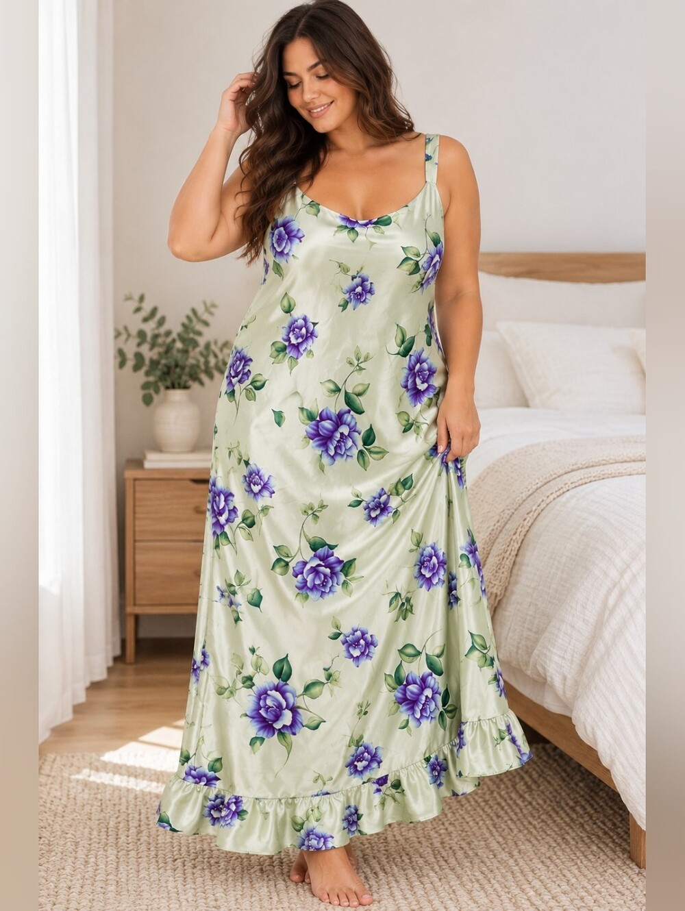 PINK K Floral Satin Slip Nightgown Maxi Sleep Dress 3X